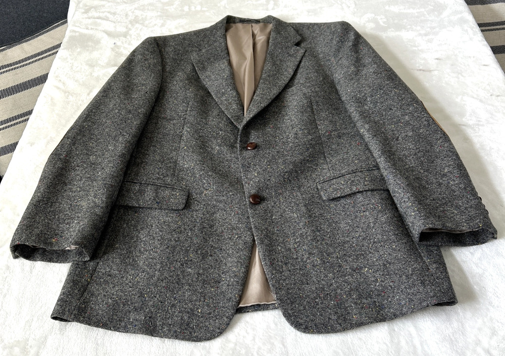 Vintage Austin Reed Wool Blazer 44R Tweed Gray Patch On Elbow USA Career